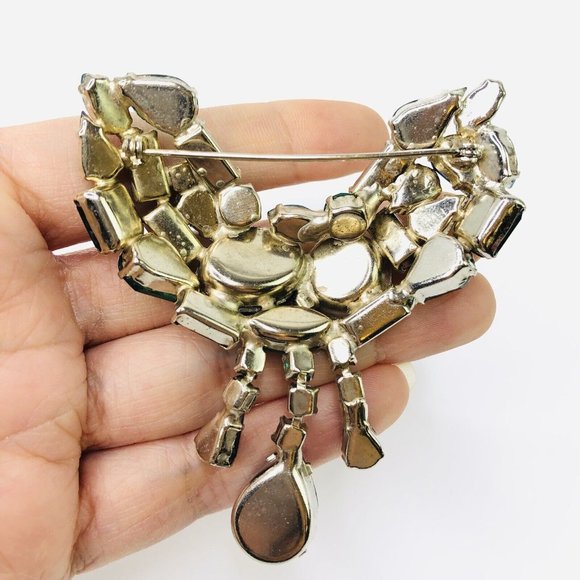 VTG Emerald Green Blue Stones Domed Brooch Pin Teadrop Dangle Pendants prong set - Picture 5 of 5